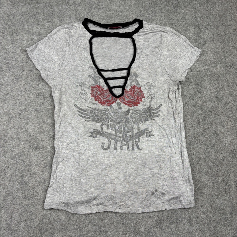 Madrag Graphic Tee Women Large Gray Cut Out Neck Rose Wing Rocker Short Sleeve